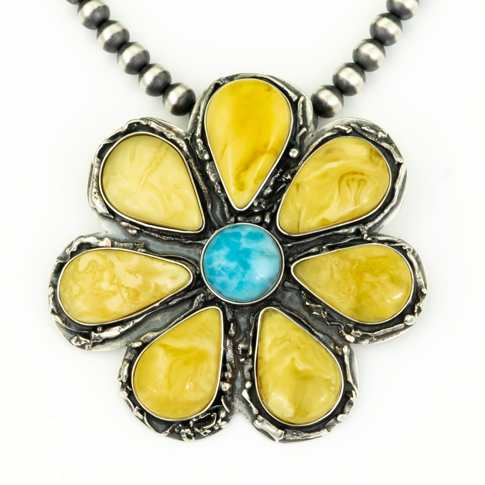 Sterling Silver and Natural Baltic Amber Flower Pendant 1